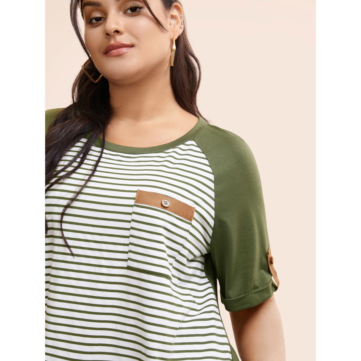 Plus Size Striped Contrast Patched Pocket Roll Raglan Sleeve T-shirt ArmyGreen Women Casual Contrast Striped Round Neck Everyday T-shirts BloomChic 22-24/3X Product Image
