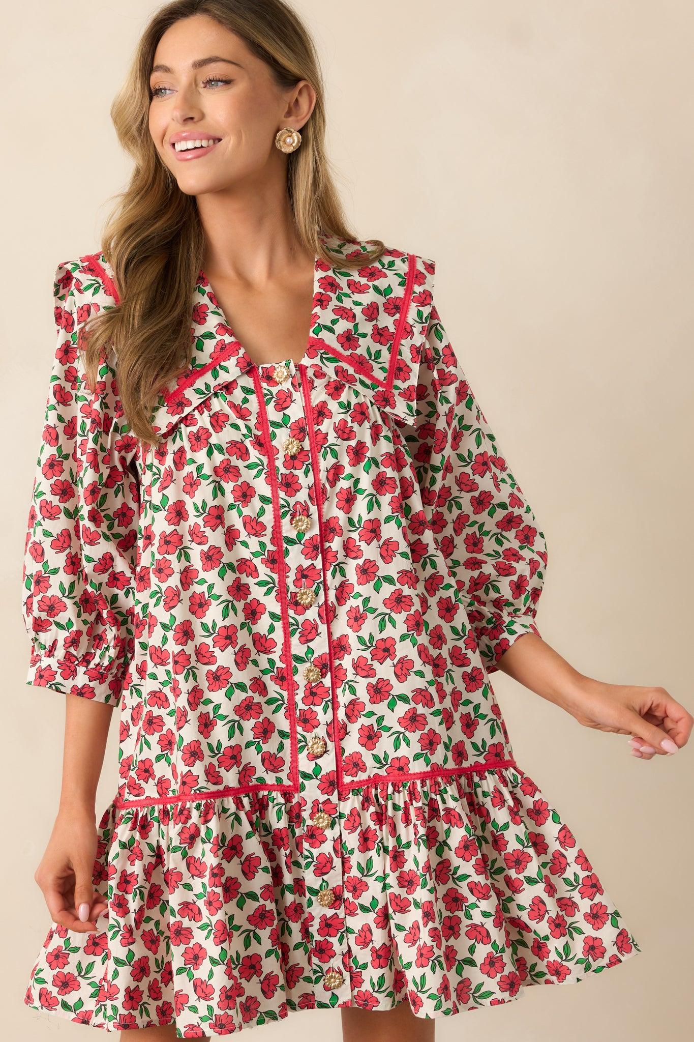 Butterfly Garden Red Cotton Button Front Mini Dress Product Image