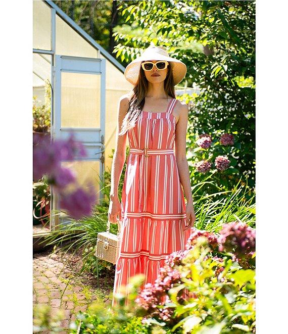 ELAN Stripe Cotton Blend Square Neck Sleeveless Belted Maxi Dress Product Image