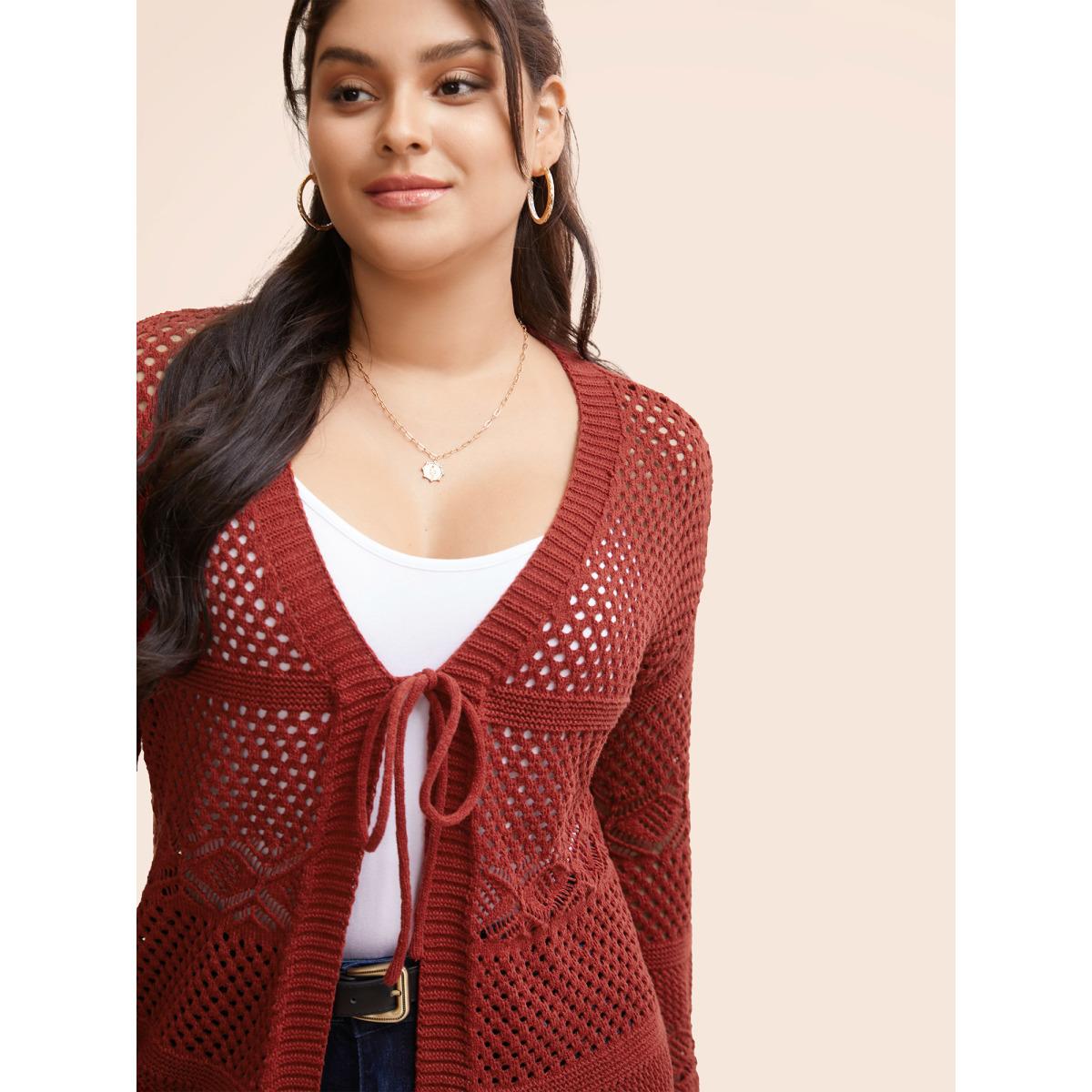 Plus Size Texture Tie Knot Bell Sleeve Cardigan Russet Women Casual Loose Three Quater Length Sleeve Everyday Cardigans BloomChic 28/5X Product Image