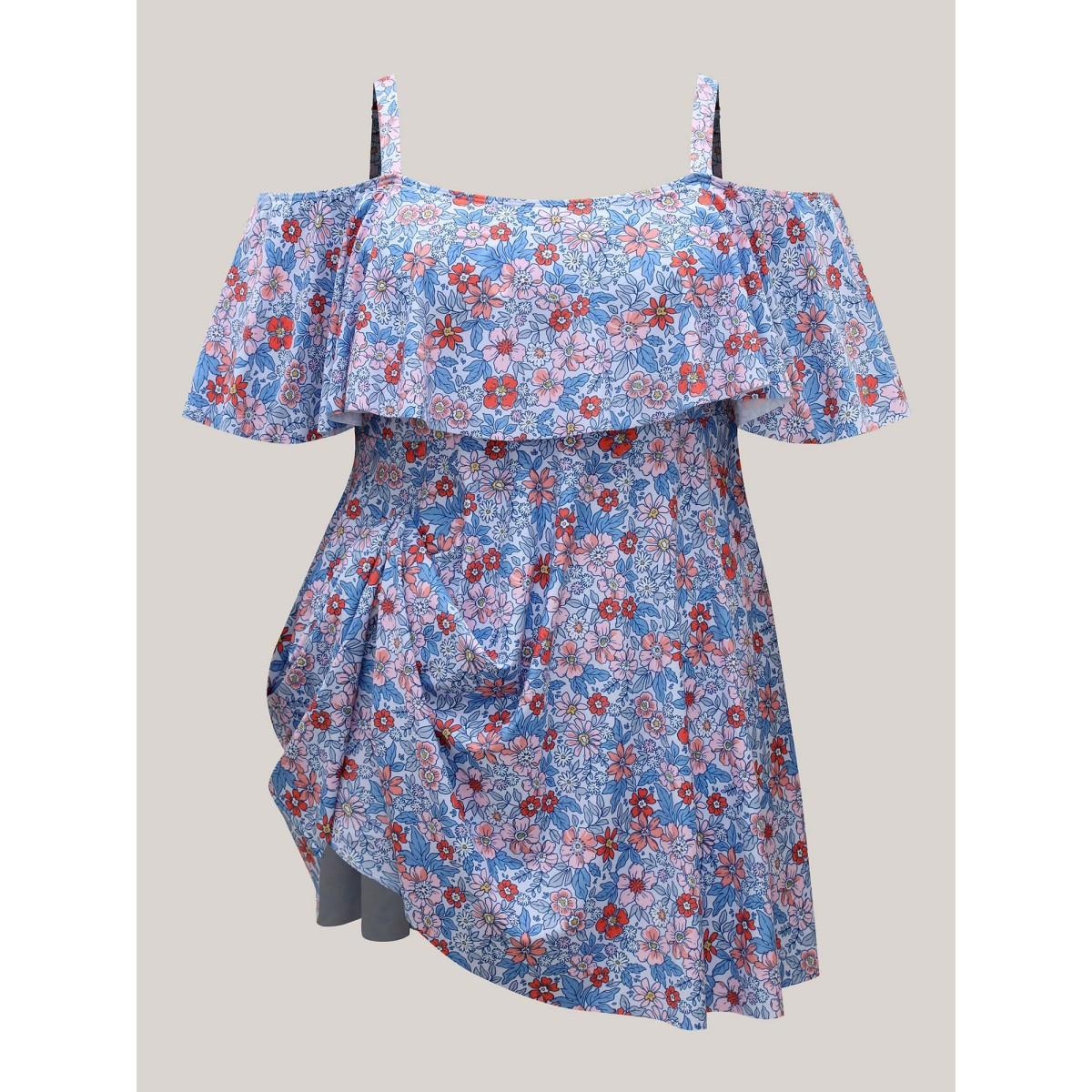 Plus Size Floral Cold-Shoulder Ruffled Swim Dress Women's Swimwear LightBlue Beach Bodycon One-shoulder neck High stretch Curve Swim Dresses BloomChic 30/6X Product Image