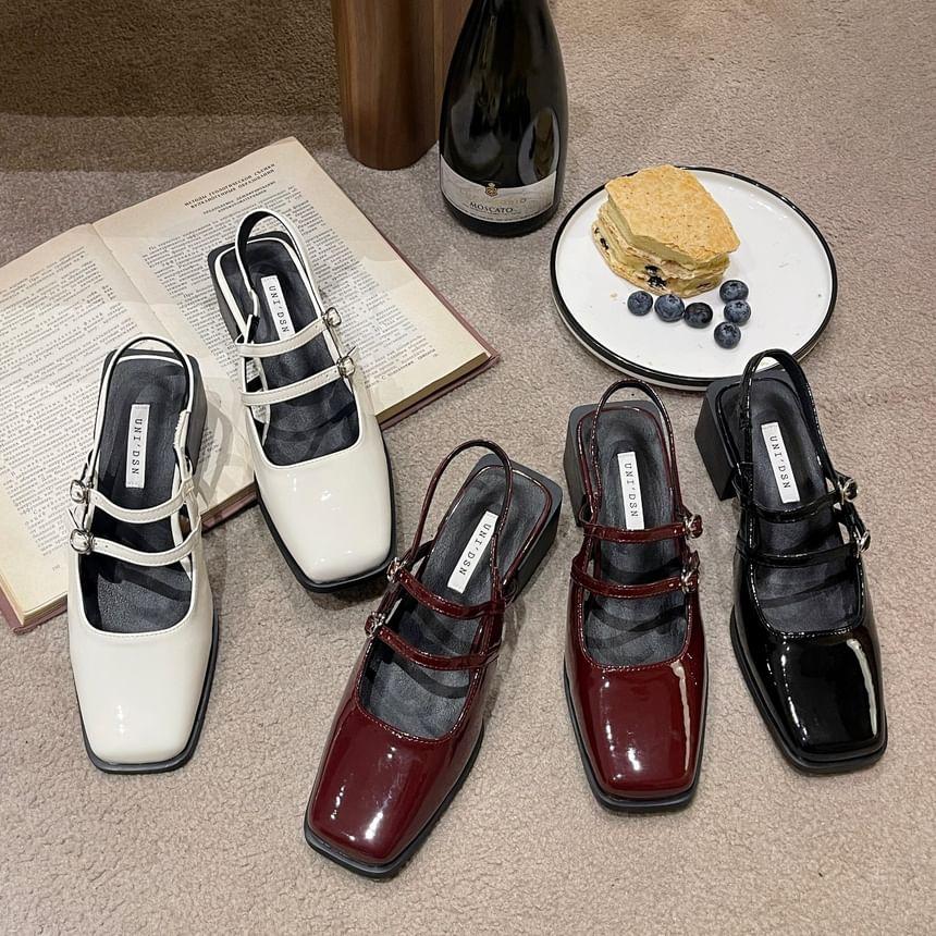 Chunky Heel Square Toe Plain Buckled Slingback Mary Jane Sandals Product Image