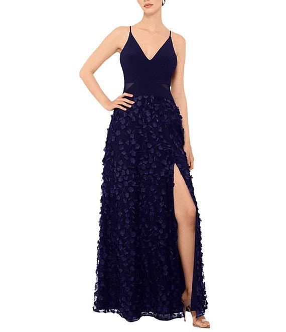 Xscape ITY Jersey 3D Flower V-Neck Sleeveless Side Slit A-Line Gown Product Image