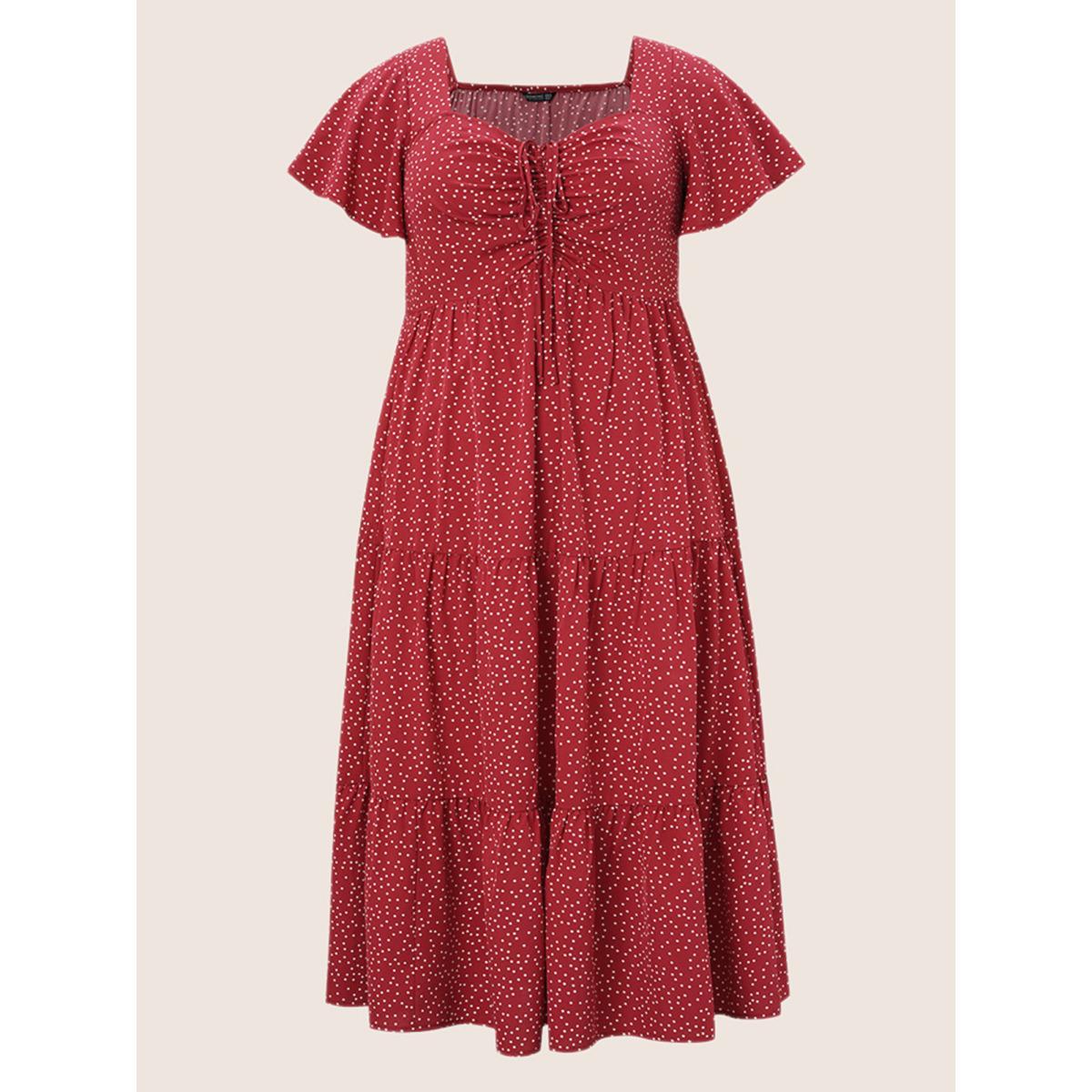 Plus Size Polka Dot Drawstring Ruffle Tiered Ruched Pocket Midi Dress Red Women Elegant Non Heart neckline Short sleeve Curvy Midi Dress BloomChic 12/L Product Image