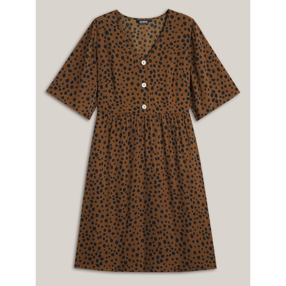 Plus Size Leopard Print Button Placket Midi Dress Browncoffeecolor Women Casual Button V-neck Half Sleeve Curvy BloomChic 14-16/1X Product Image