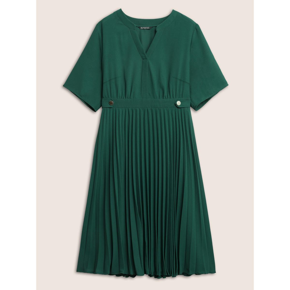 Plus Size Solid Button Detail Notched Pleated Hem Dress DarkGreen Women At the Office Non Notched collar Short sleeve Curvy Midi Dress BloomChic 12/L Product Image
