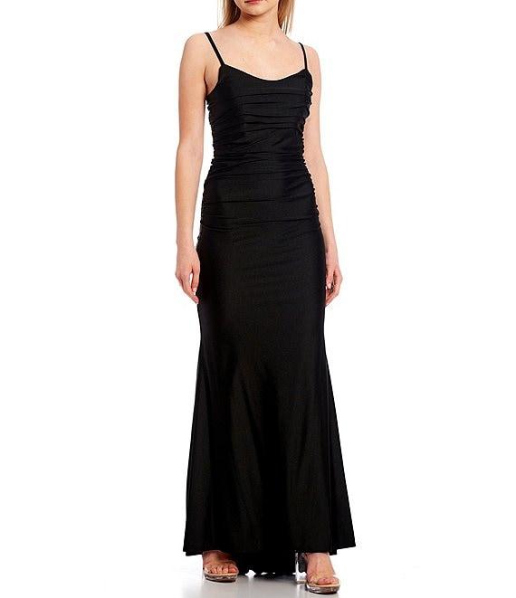 Midnight Doll Spaghetti Strap Scoop Neck Strappy Back Long Satin Dress Product Image