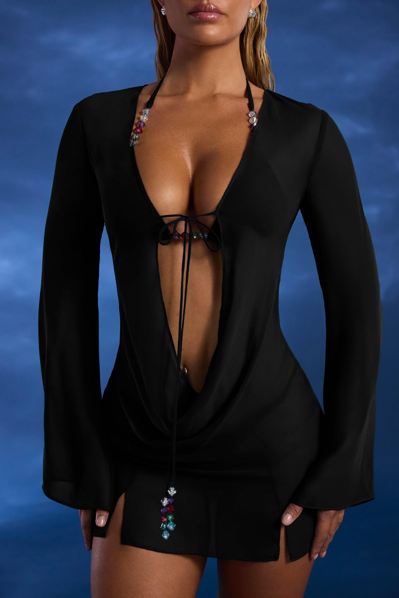 Bead-Embellished Cowl-Neck Sheer Mini Dress in Black Product Image