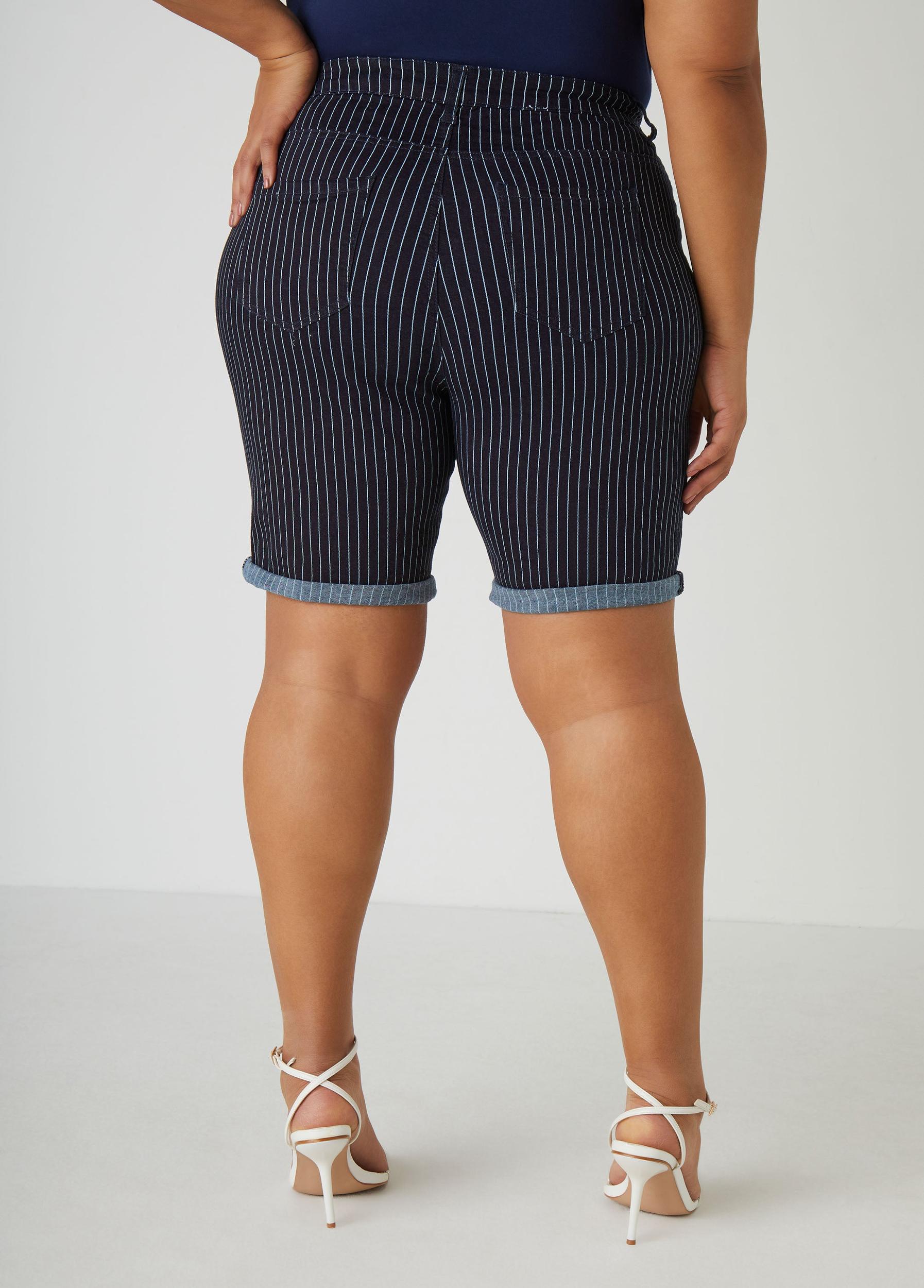 Cuffed Pinstriped Denim Shorts Product Image