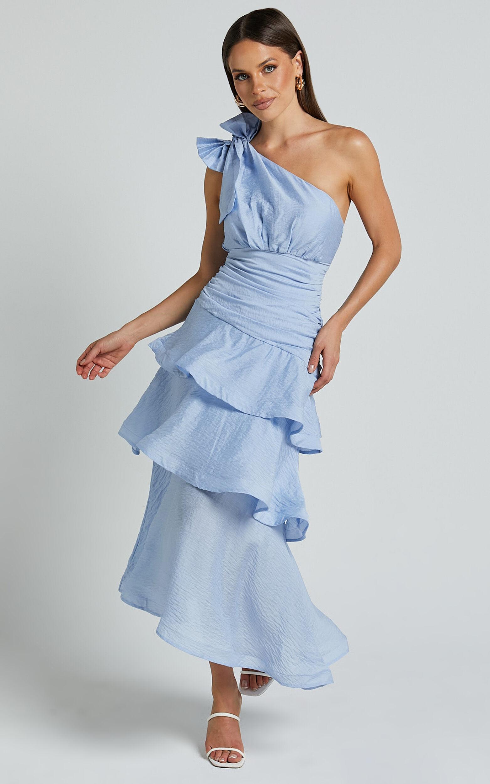 Eugenia Midi Dress - One Shoulder Fit and Flare Layered Dress in Pale Blue Product Image