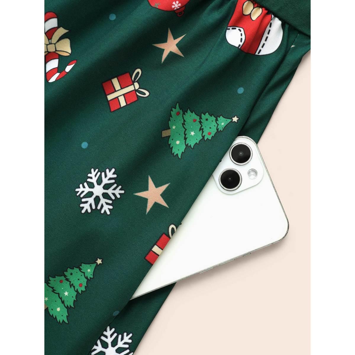 Plus Size Holiday Everything Printed Skirt Fit-and-Flare Midi Dress DarkGreen Women Elegant Belted Round Neck Elbow-length sleeve Curvy BloomChic 14-16/1X Product Image