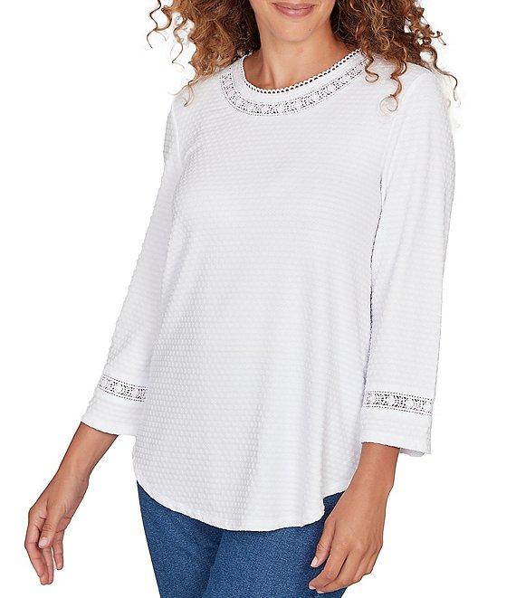 Ruby Rd. Petite Size Soft Textured Knit Crew Neck 3/4 Sleeve Lace Trim Top Product Image