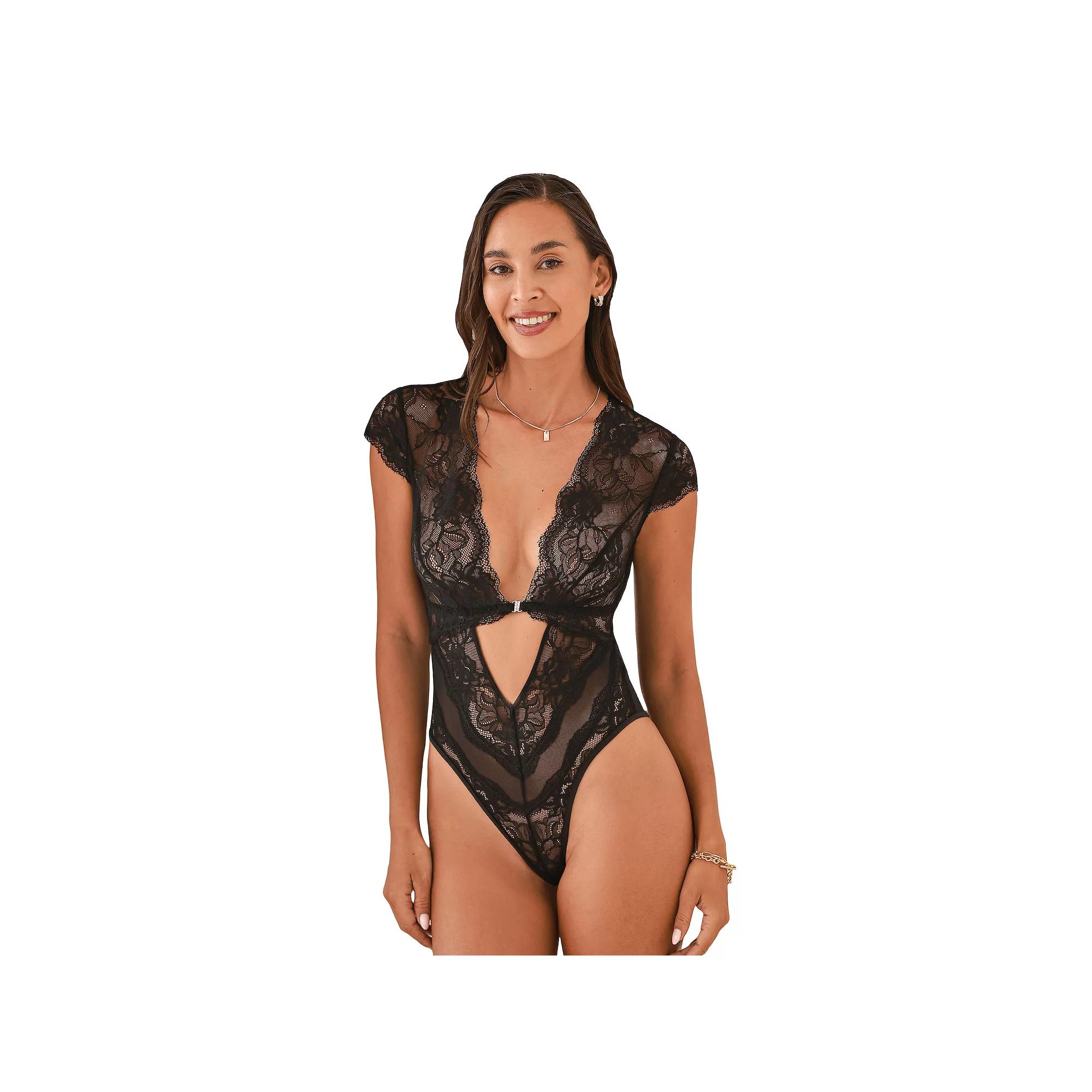 Cupshe Black Sheer Lace Cap Sleeve Bodysuit, Women's, Size: Small Product Image