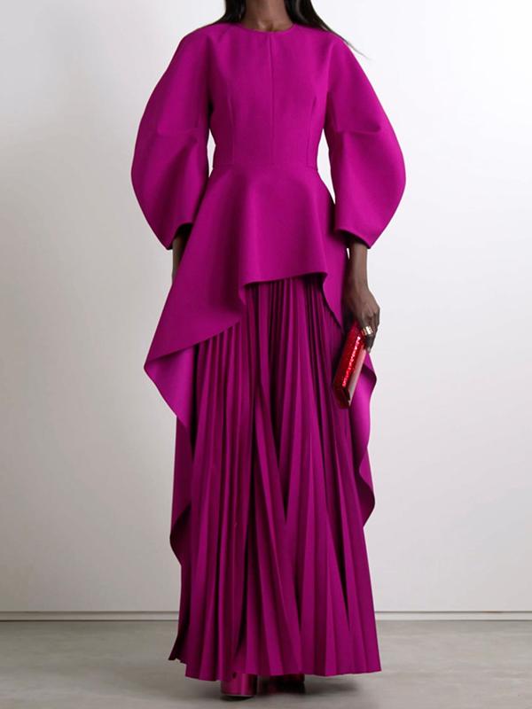 Long Sleeves Loose Pleated Solid Color Split-Joint Tiered Round-Neck Maxi Dresses Product Image