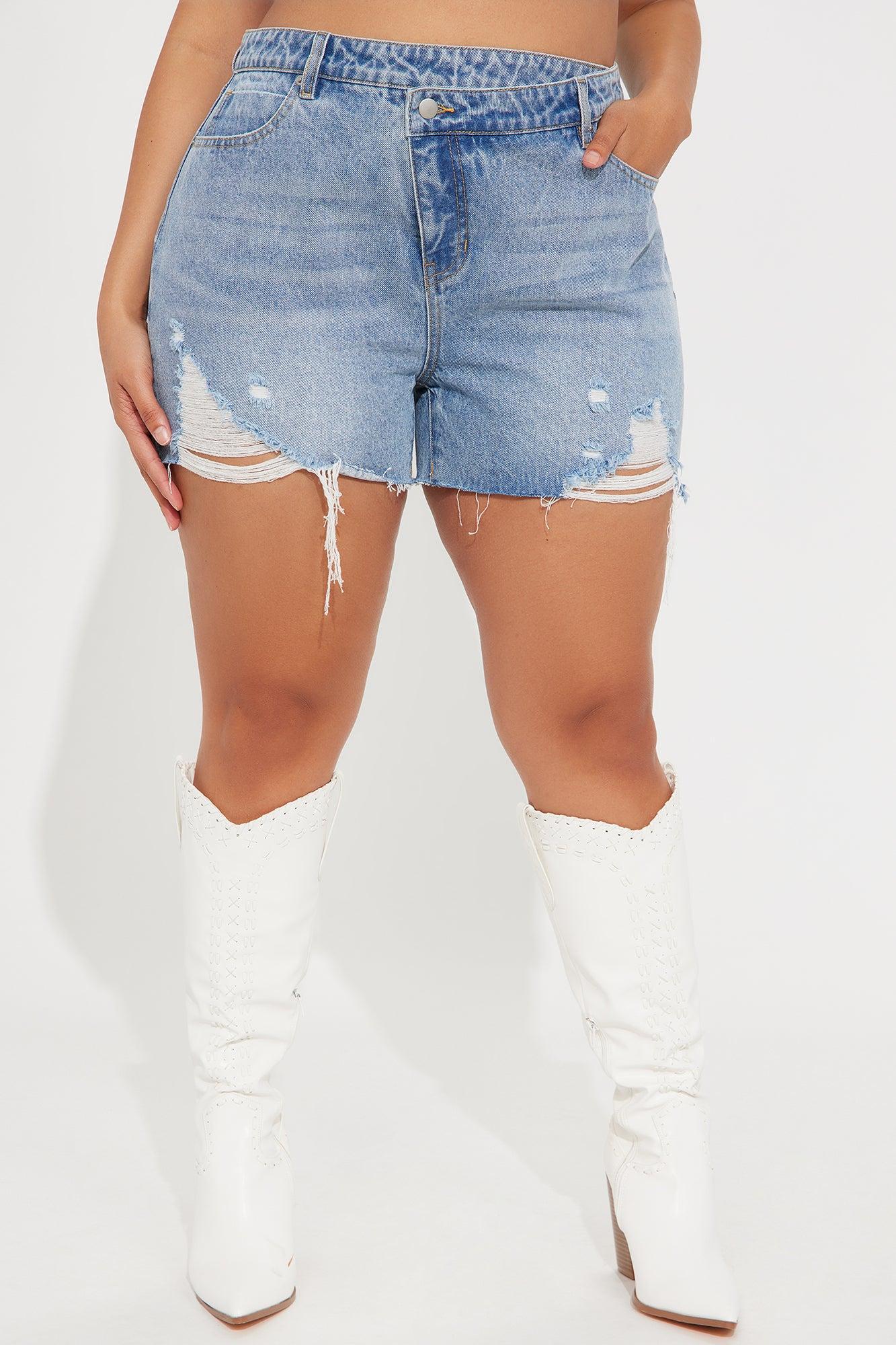 Out Of Line Ripped Crossover Denim Shorts - Medium Wash Product Image