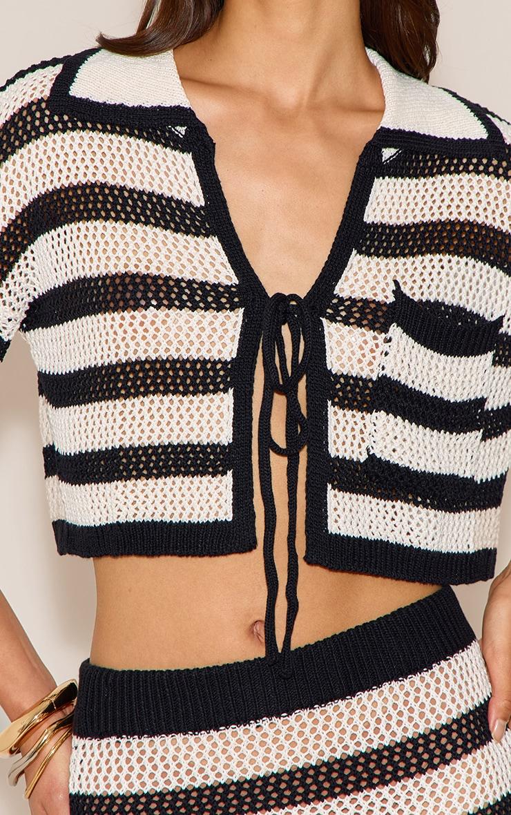 Monochrome Stripe Crochet Knit Tie Front Top Product Image