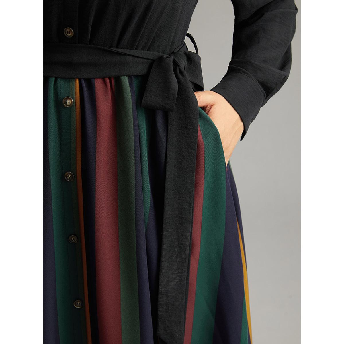 Plus Size Colour Striped Patchwork Belted Button Through Dress Indigo Women Office Belted Shirt collar Long Sleeve Curvy Midi Dress BloomChic 28/5X Product Image