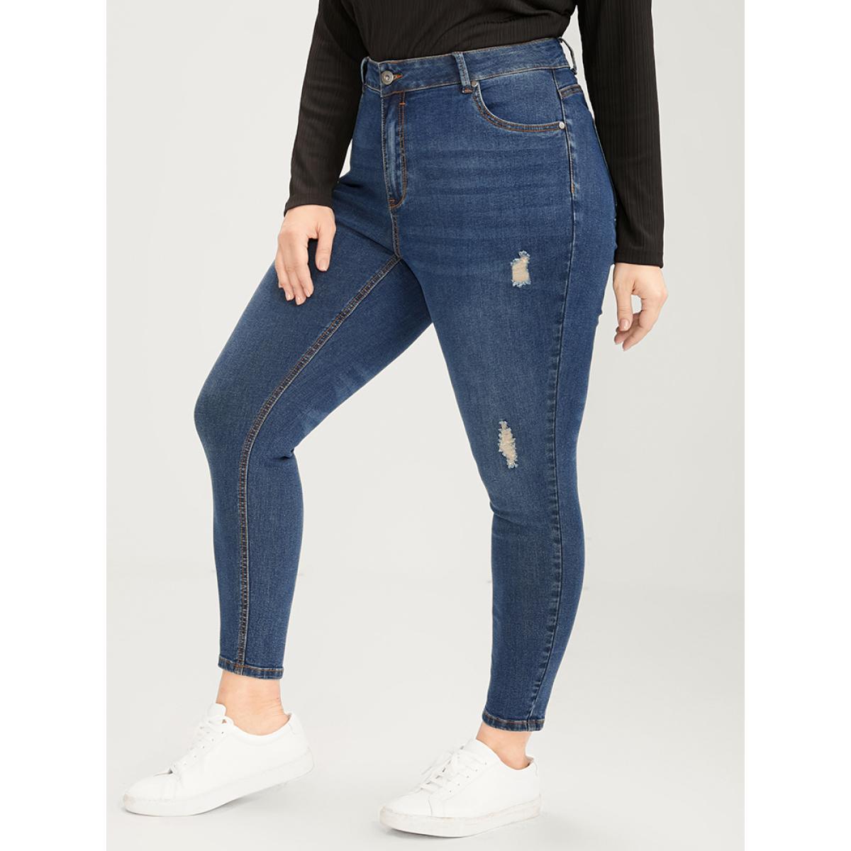 Plus Size Skinny Moderately Stretchy High Rise Dark Wash Distressed Ankle Jeans Women Indigo Casual Plain Zipper Medium stretch Pocket Jeans BloomChic 14/1X Product Image