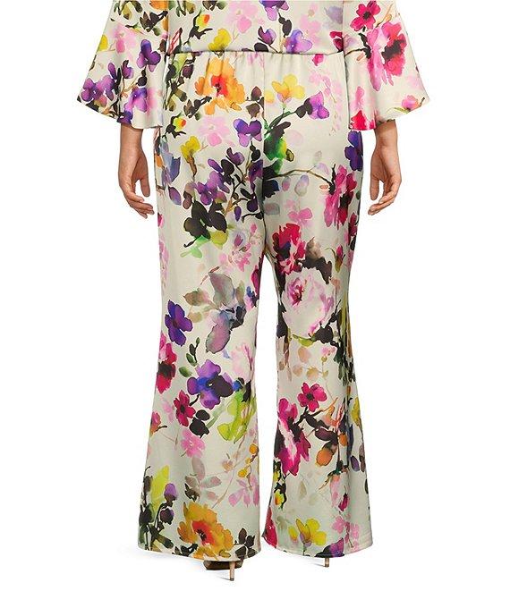 Caroline Rose Plus Size Brilliant Floral Bouquet Print Satin Coordinating Wide Leg Pull-On Pants Product Image