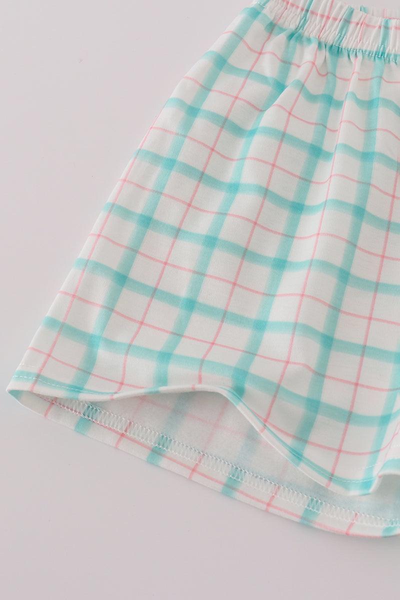 Green marine embroidery smocked shorts set Product Image