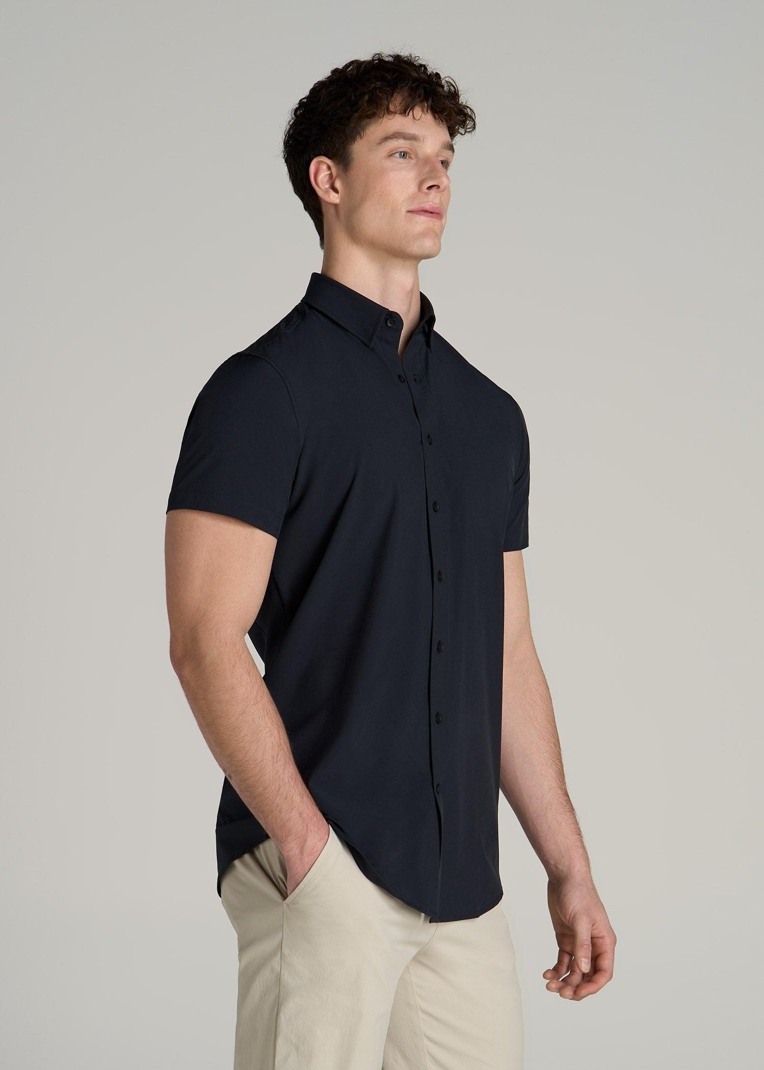 Short Sleeve Traveler Stretch Button Shirt for Tall Men in Black Male Product Image