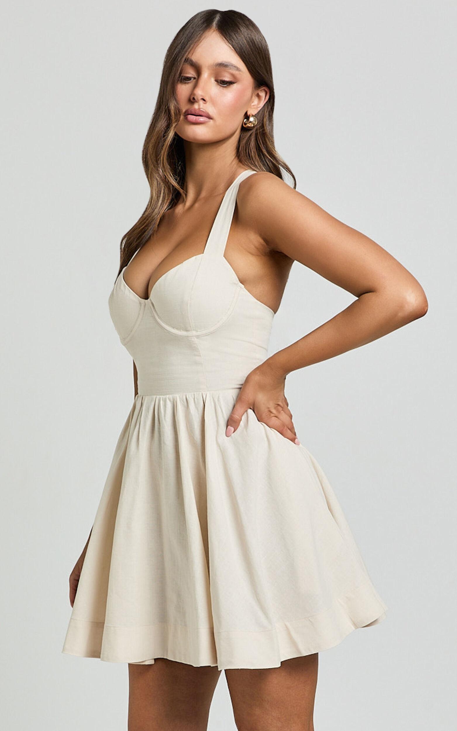 Cathryn Mini Dress - Cross Back Bustier Linen Look Blend Dress in Stone Product Image