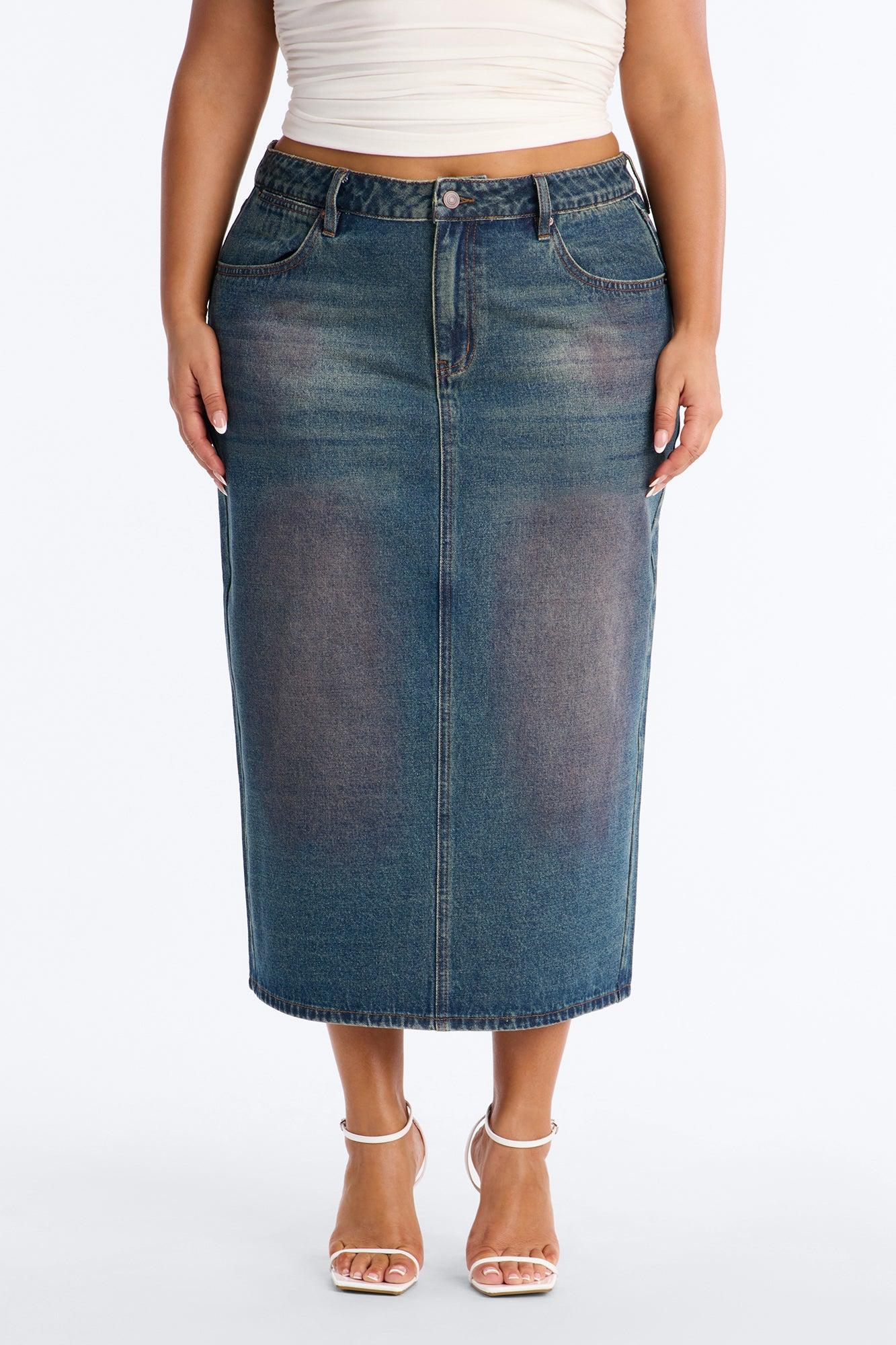 Adri Pink Tinted High Slit Denim Maxi Skirt - Vintage Wash Female Product Image