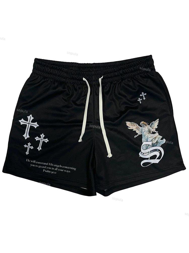 Vintage Guardian Angel Graphic Casual Street Mesh Shorts Product Image