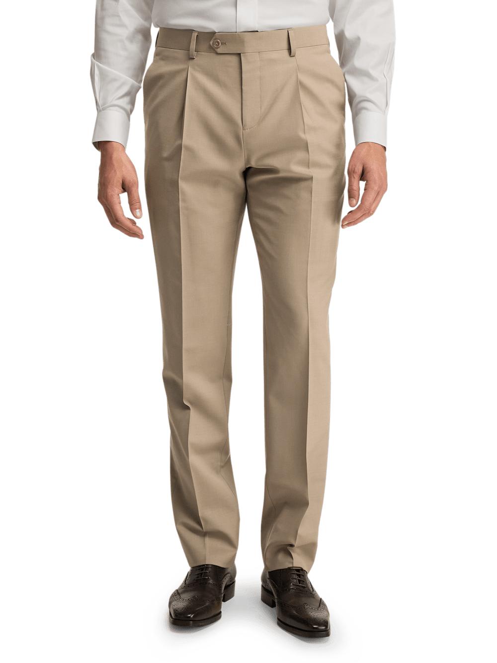 Wool Stretch Bengaline Pleated Suit Pants - Light Tan Product Image