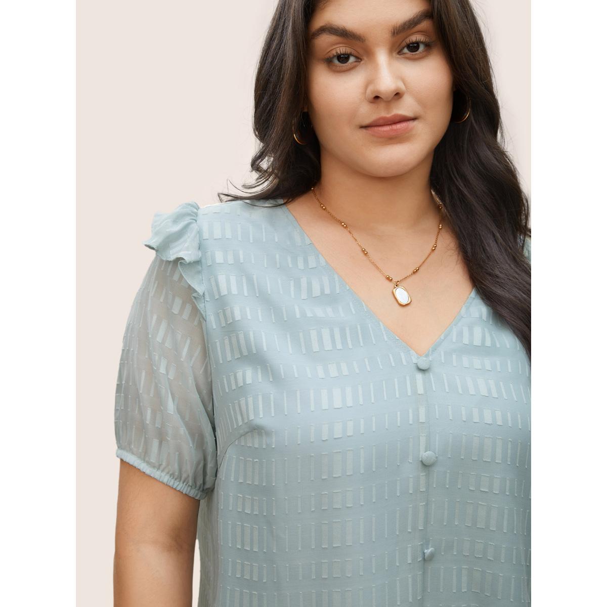 Plus Size LightBlue Solid Textured Gathered Ruffles Button Detail Blouse Women Elegant Short sleeve V-neck Everyday Blouses BloomChic 14-16/1X Product Image