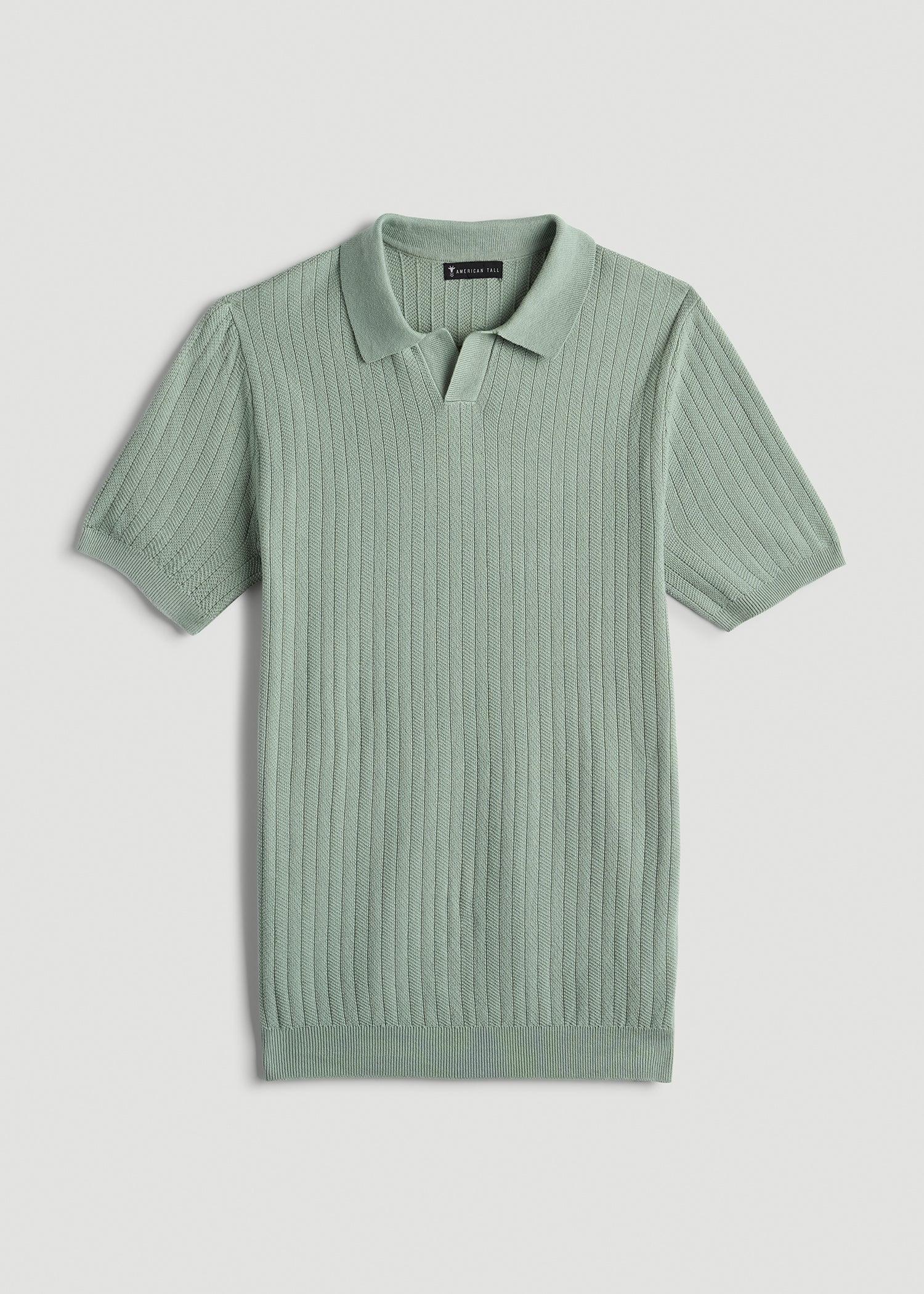 Linen Blend Ribbed Knit Polo Shirt for Tall Men in Seagrass Product Image