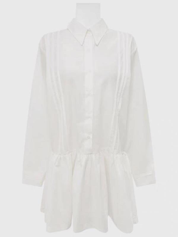 A-Line Long Sleeves Buttoned Pleated Solid Color Lapel Mini Dresses Shirt Dress Product Image