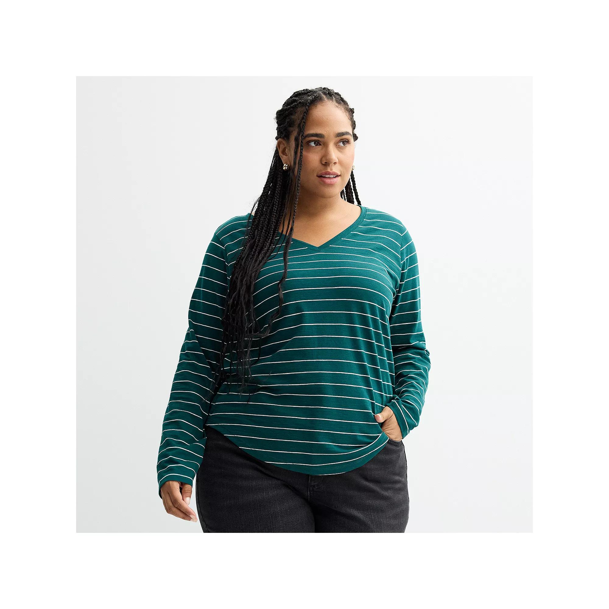 Plus Size Sonoma Goods For Life® Everyday Long Sleeve V-Neck Tee, Women's, Size: 0X, Pine White Stripe Product Image