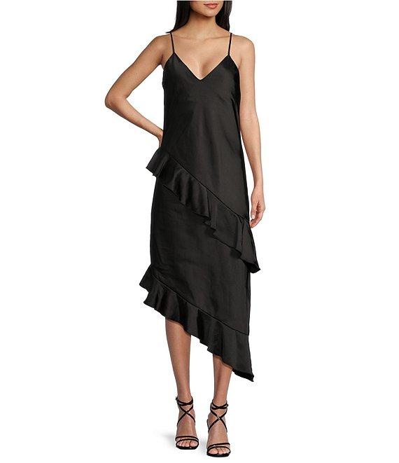 GB Cascading Satin Asymmetrical Ruffle Midi Dress Product Image