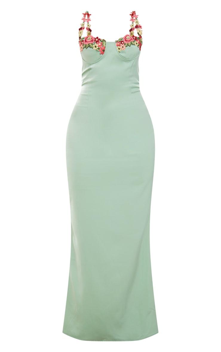 Sage Green Satin Floral Applique Underwired Strappy Maxi Dress Product Image
