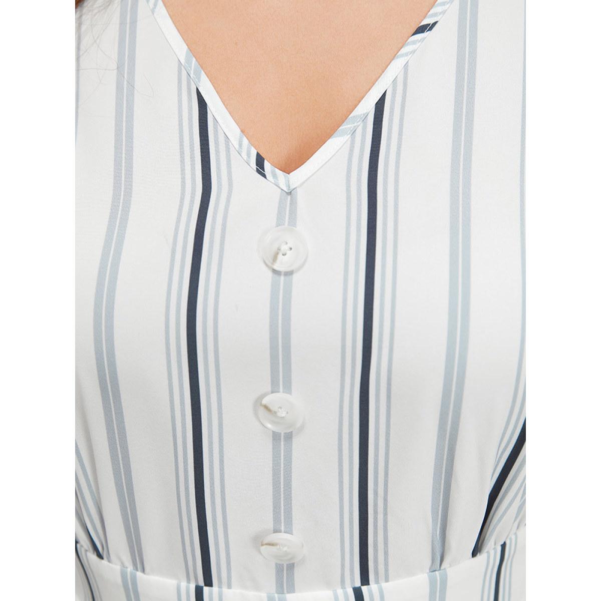 Plus Size Striped Ruffle Cap Sleeve Button Detail Wideband Waist Dress Multicolor Women Elegant Elastic Waist V-neck Cap Sleeve Curvy Midi Dress BloomChic 14-16/1X Product Image