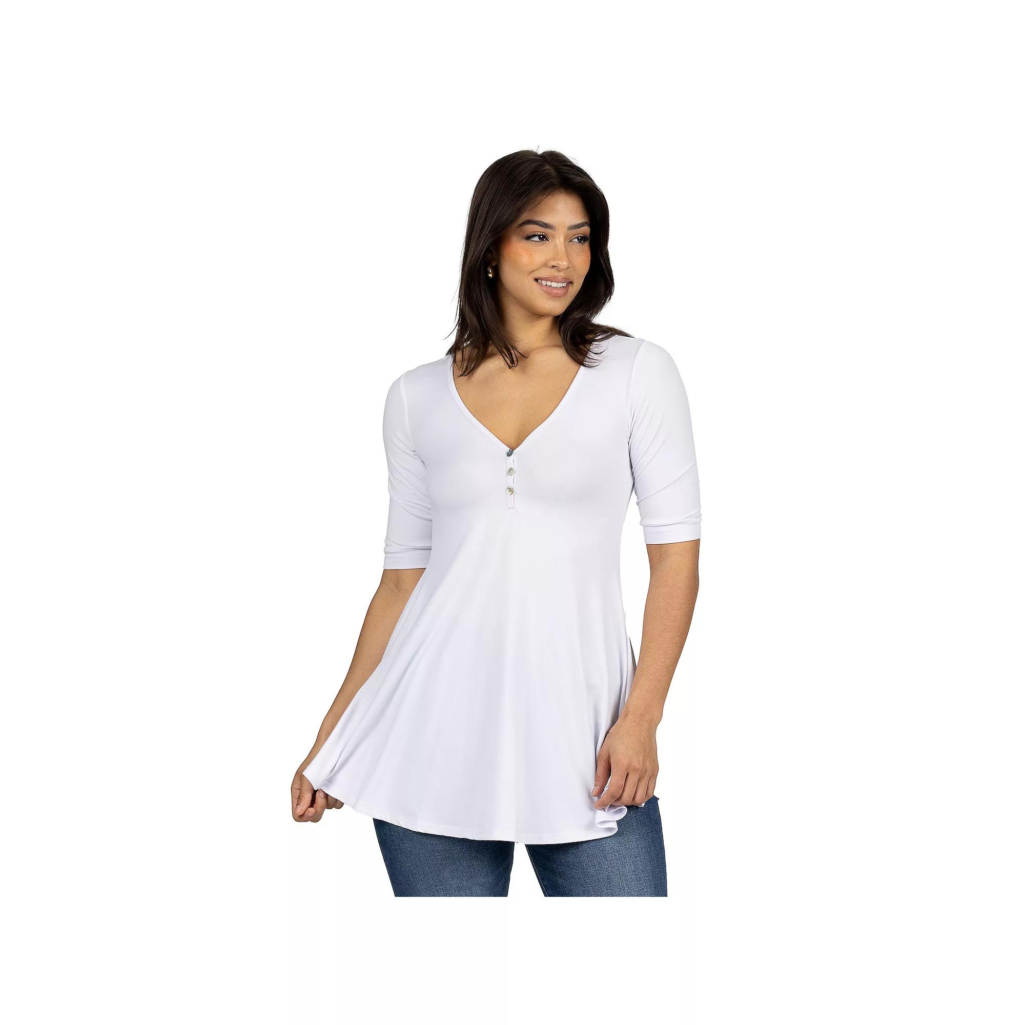 Women's 24seven Comfort Apparel Short Sleeve Tunic Top with Button Detail,  Product Image
