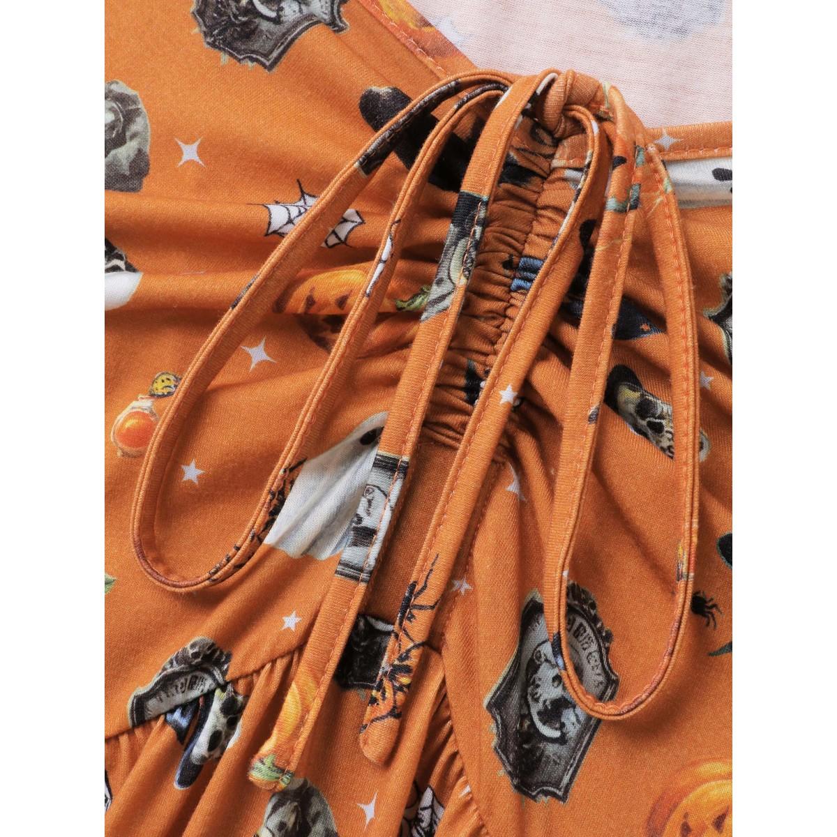 Plus Size Cozy Hauntings Stretchy Waist Pockets Midi Dress Brightorange Women Playful Drawstring V-neck Short sleeve Curvy BloomChic 30/6X Product Image