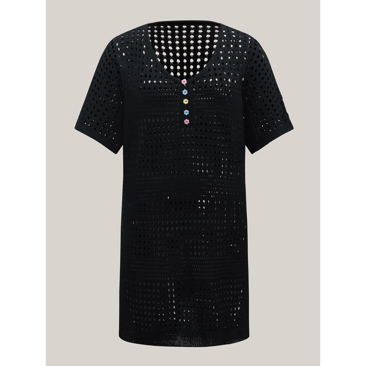 Plus Size Cut-Out Textured Buttons Swim Cover-Up Women's Swimwear Black Beach Loose Texture Curve Swim Cover Ups BloomChic 26/4X Product Image