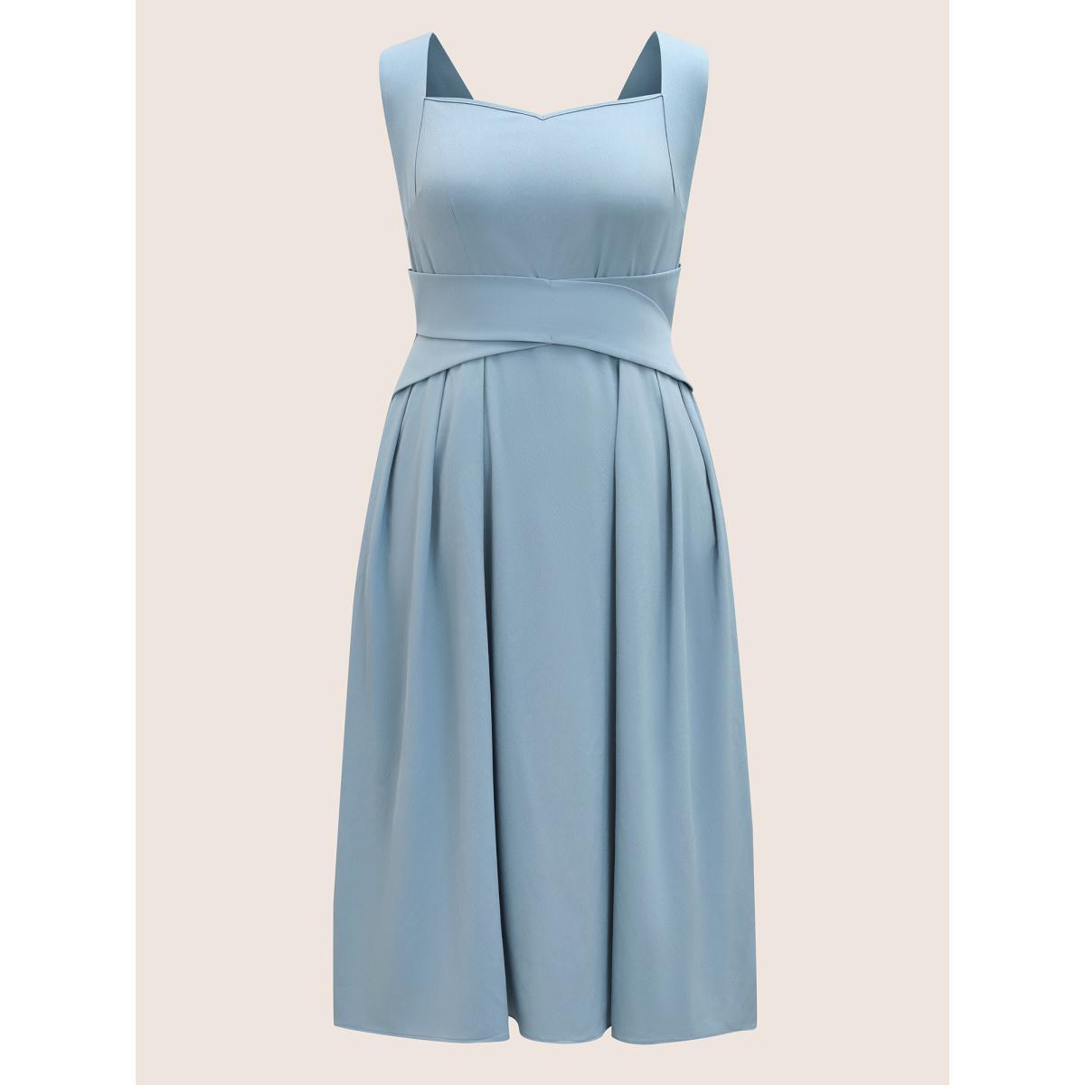 Plus Size Heart Neckline Crossover Shirred Midi Dress LightBlue Women Elegant Pleated Heart neckline Sleeveless Curvy BloomChic 10/M Product Image