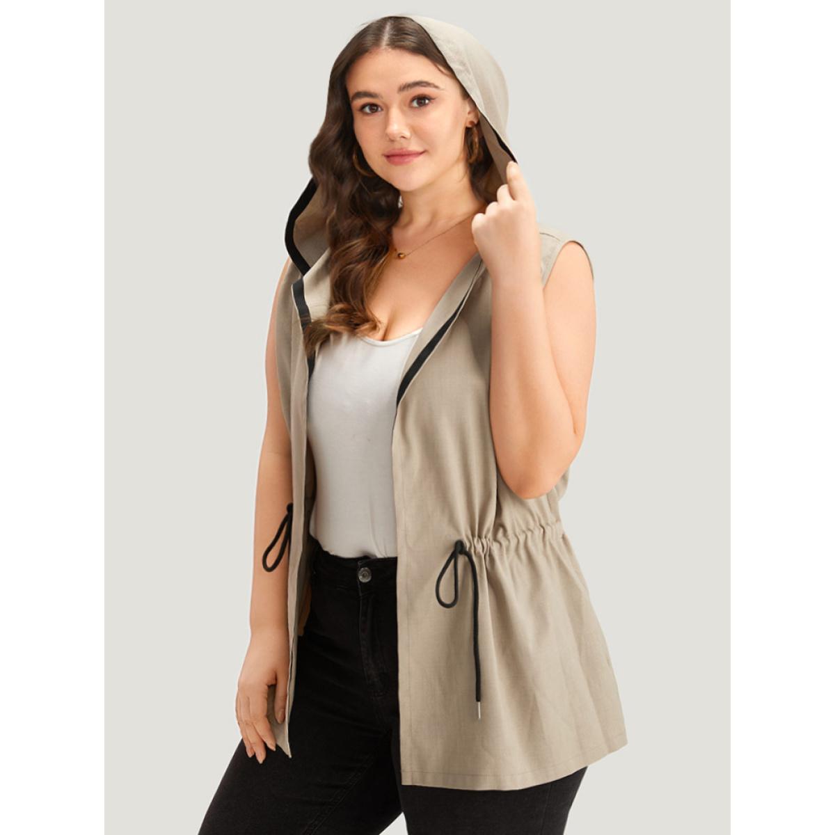 Plus Size Contrast Trim Hooded Elastic Waist Drawstring Sleeveless Jacket Women LightBrown Casual Contrast Ladies Dailywear Winter Coats BloomChic 18-20/2X Product Image
