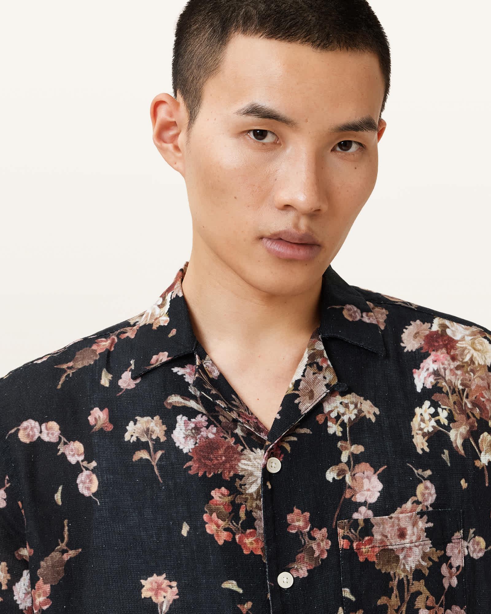 Armada Floral Linen Shirt Jet Black | ALLSAINTS US Product Image