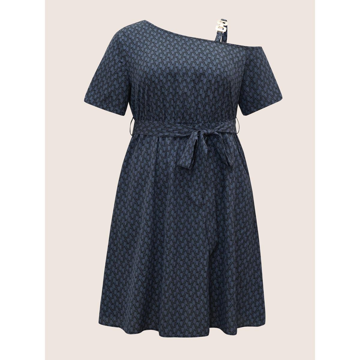 Plus Size Geometric Metal Chain Detail Belted Dress SlateGray Women At the Office Non Non Short sleeve Curvy Knee Dress BloomChic 14-16/1X Product Image