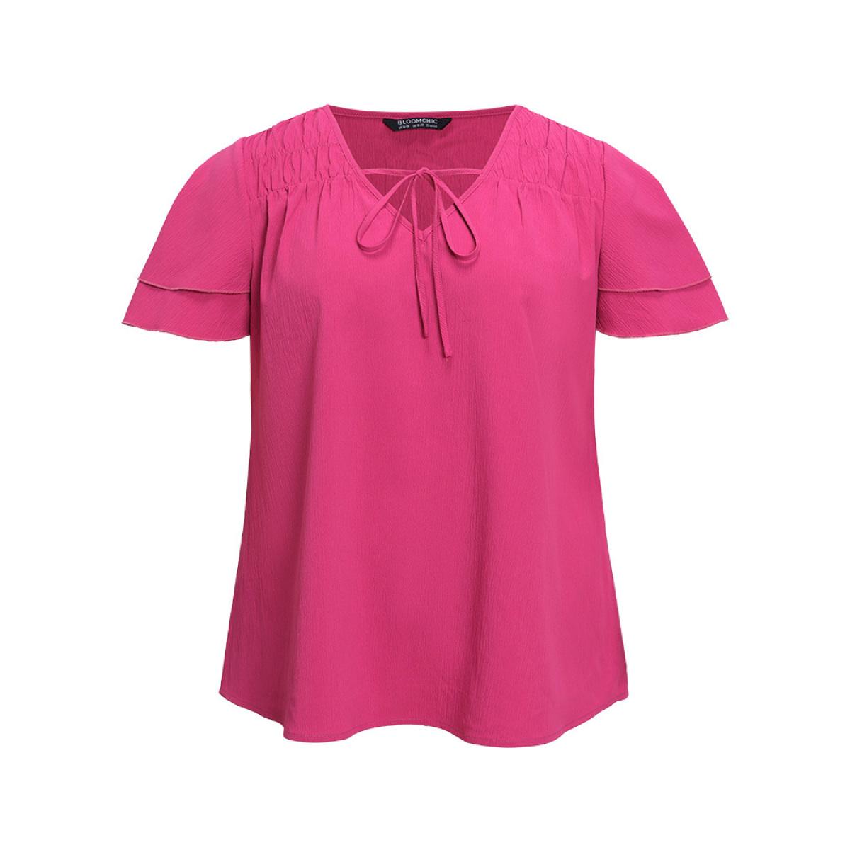 Plus Size RedViolet Solid Tie Neck Shirred Flutter Layered Sleeve Blouse Women Elegant Short sleeve Tie Neck Dailywear Blouses BloomChic 30/6X Product Image