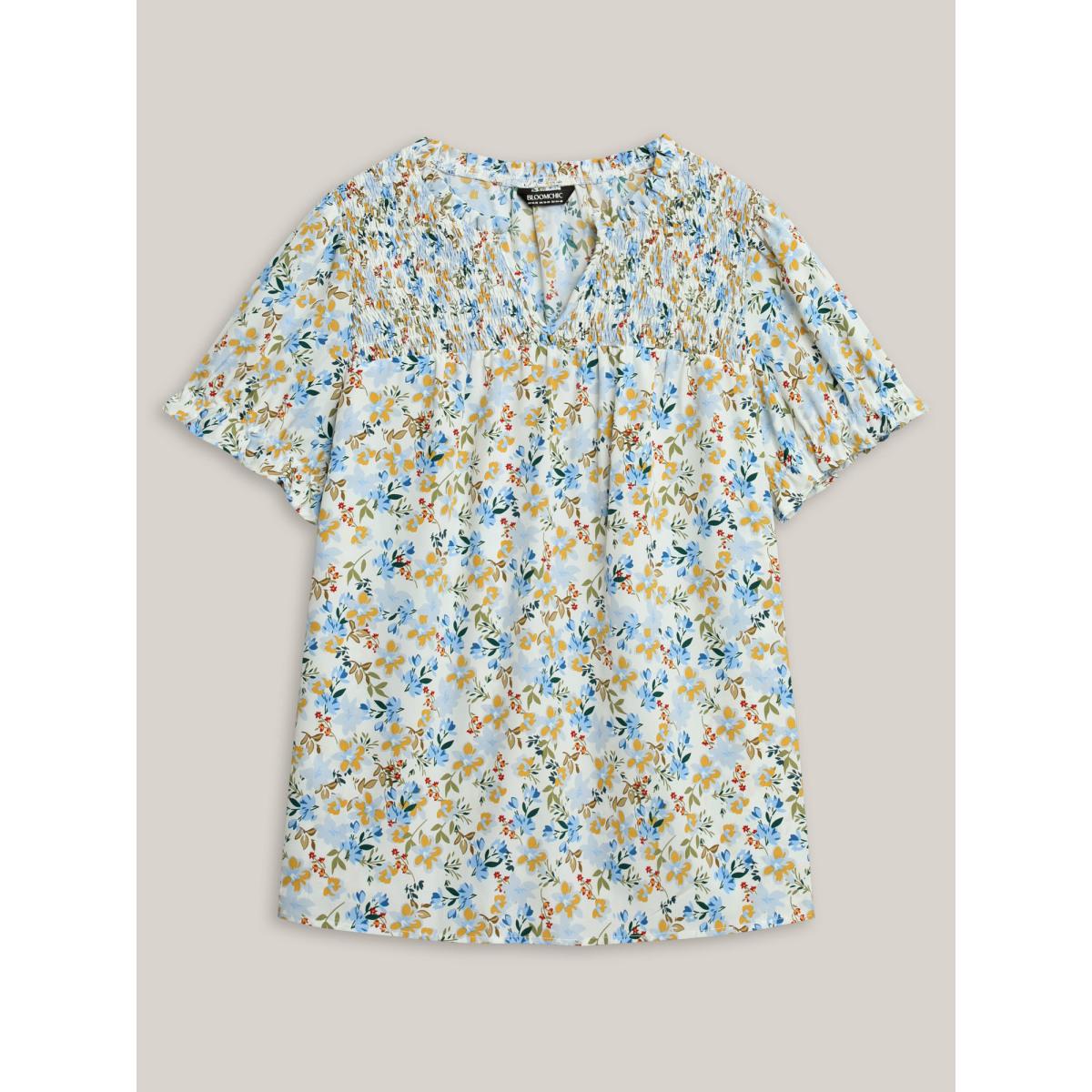 Plus Size LightBlue Floral Print Shirred Neck Blouse Women Leisure Short sleeve Flat collar Casual Blouses BloomChic 22-24/3X Product Image