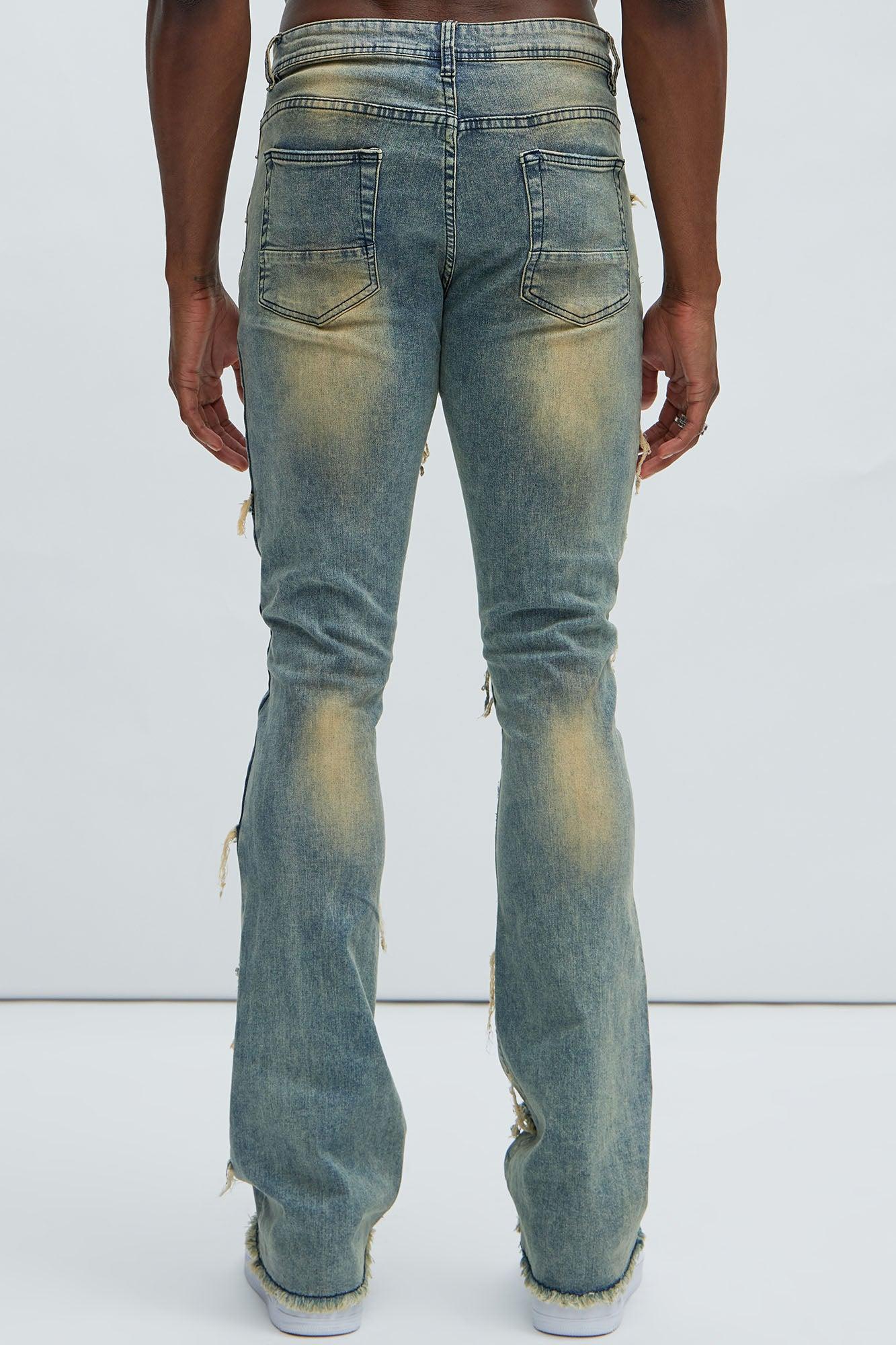 Frayed Patches Stacked Skinny Flare Jeans - Vintage Blue Wash Product Image
