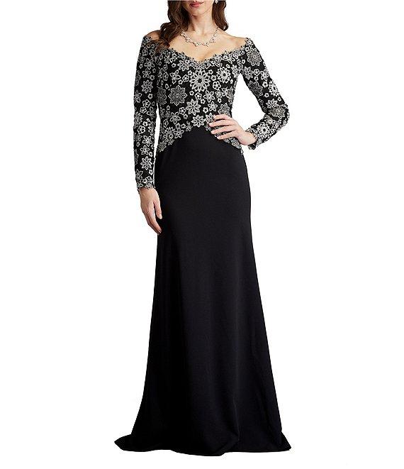 Tadashi Shoji Embroidered Lace Crepe Off The Shoulder Long Sleeve Gown Product Image