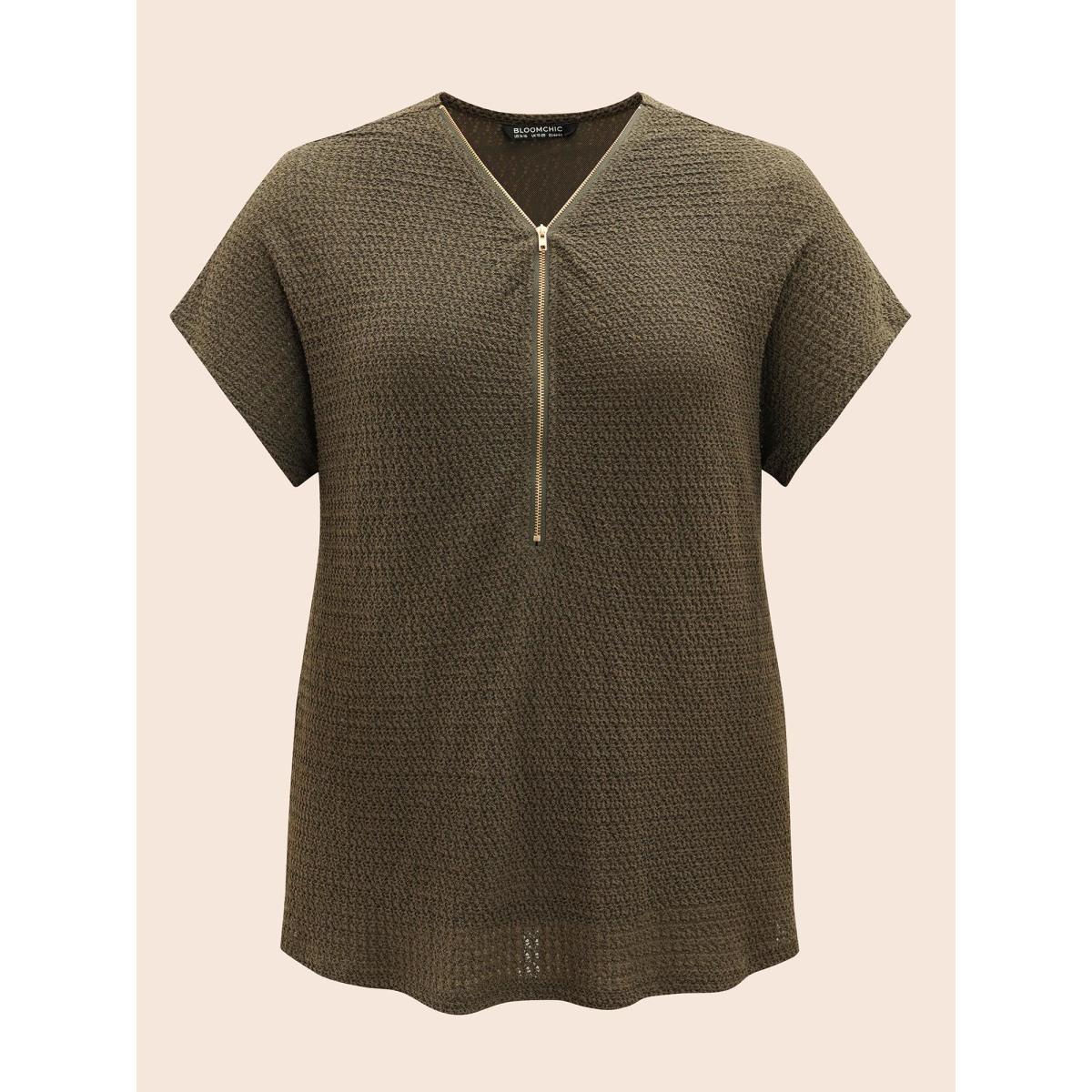 Plus Size Texture Half Zip Batwing Sleeve T-shirt ArmyGreen Women Casual Texture V-neck Everyday T-shirts BloomChic 10/M Product Image