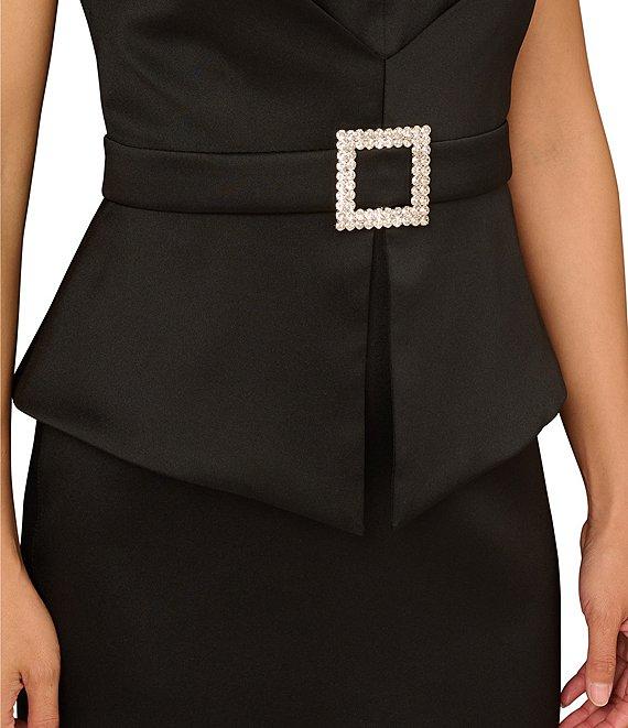 Aidan Mattox Mikado Rhinestone Buckle At Waist V-Neck Cap Sleeve Sheath Midi Dress Product Image
