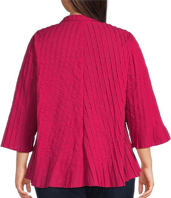 John Mark Plus Size Pleated Solid Wire Collar 3/4 Sleeve Button Front Shirt Product Image